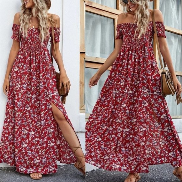 . Dresses & Skirts - Floral High Split Off Shoulder Dress red